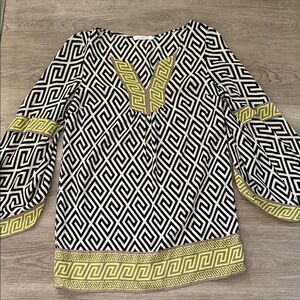 Alice & Trixie Black and White Geometric Top with Yellow Accents